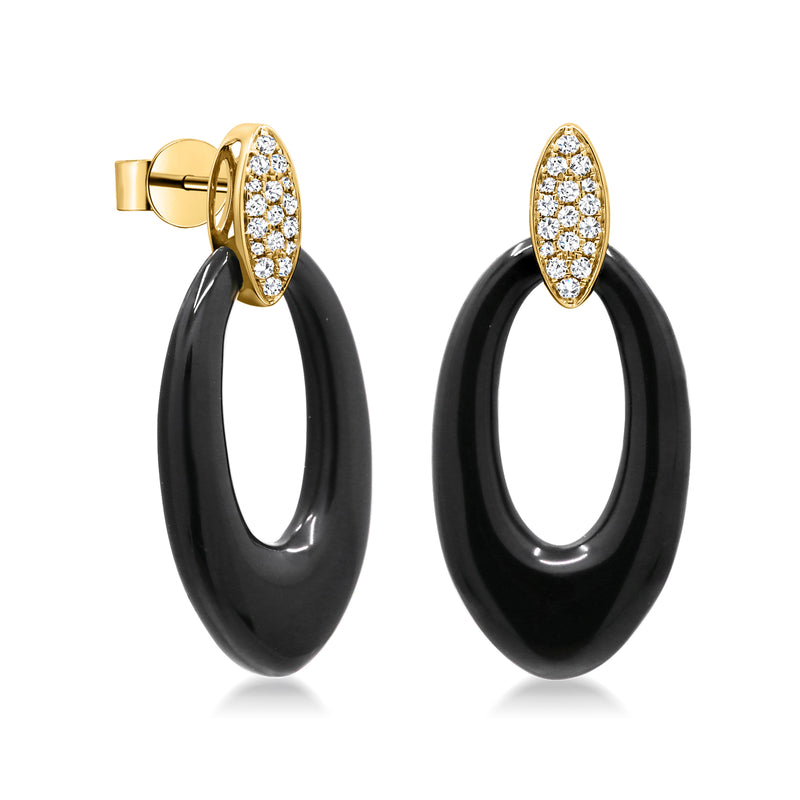 Yellow gold hoop-on stud earrings with black oval onyx drops and diamond oval bezel