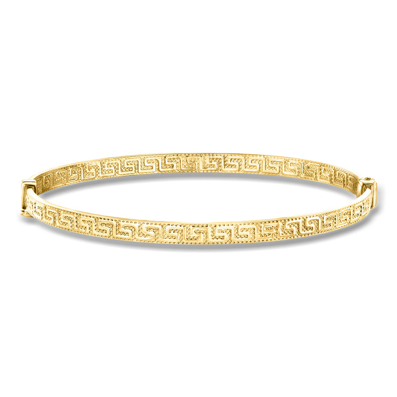 10kt yellow gold Greek key bangle bracelet with engraved border pattern