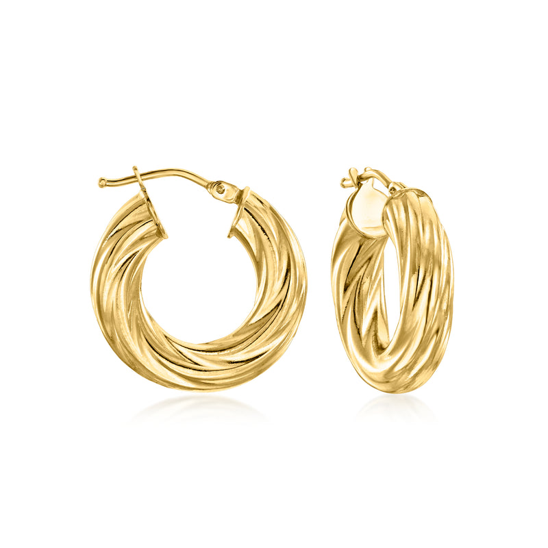 Twisted yellow gold hoop earrings with hinged closure, 18kt gold look