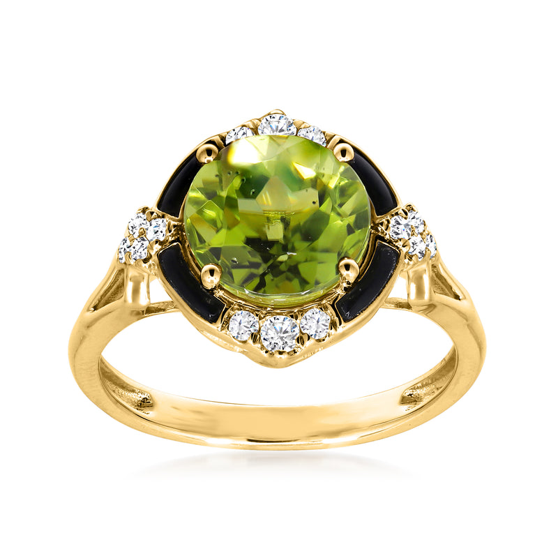 14kt yellow gold ring with green peridot, diamond accents, and black onyx band