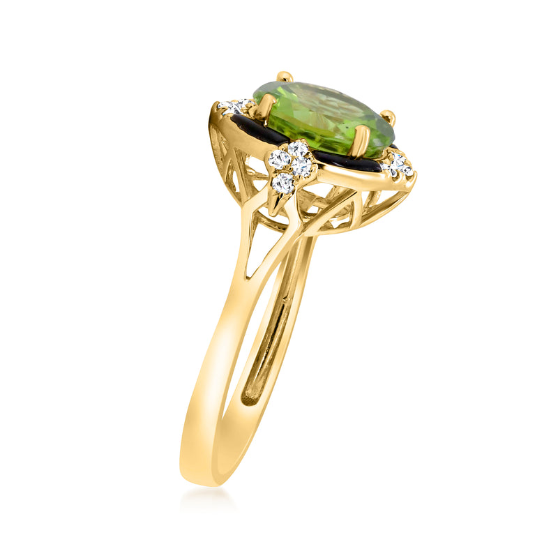 14kt yellow gold ring with green peridot center and diamond side stones