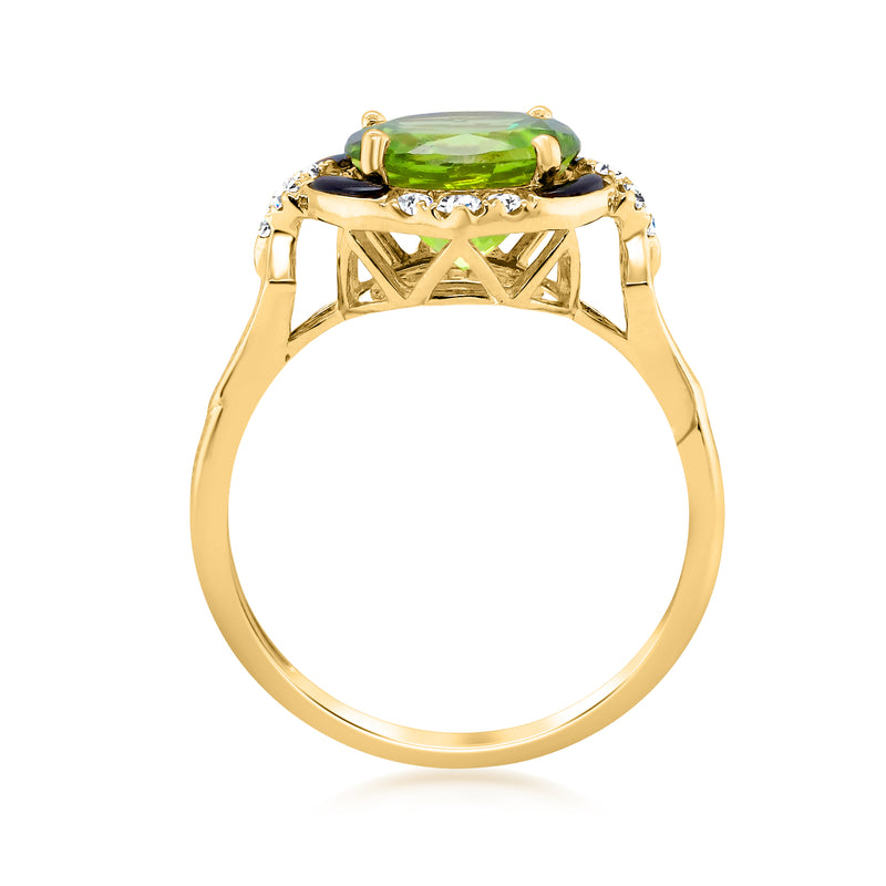 14kt yellow gold ring with raised basket setting, green peridot, and diamond halos