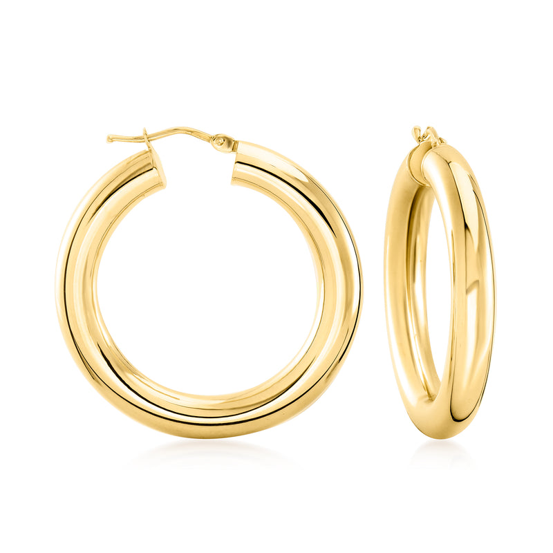 14kt yellow gold hoop earrings, smooth round profile with hinged clasp