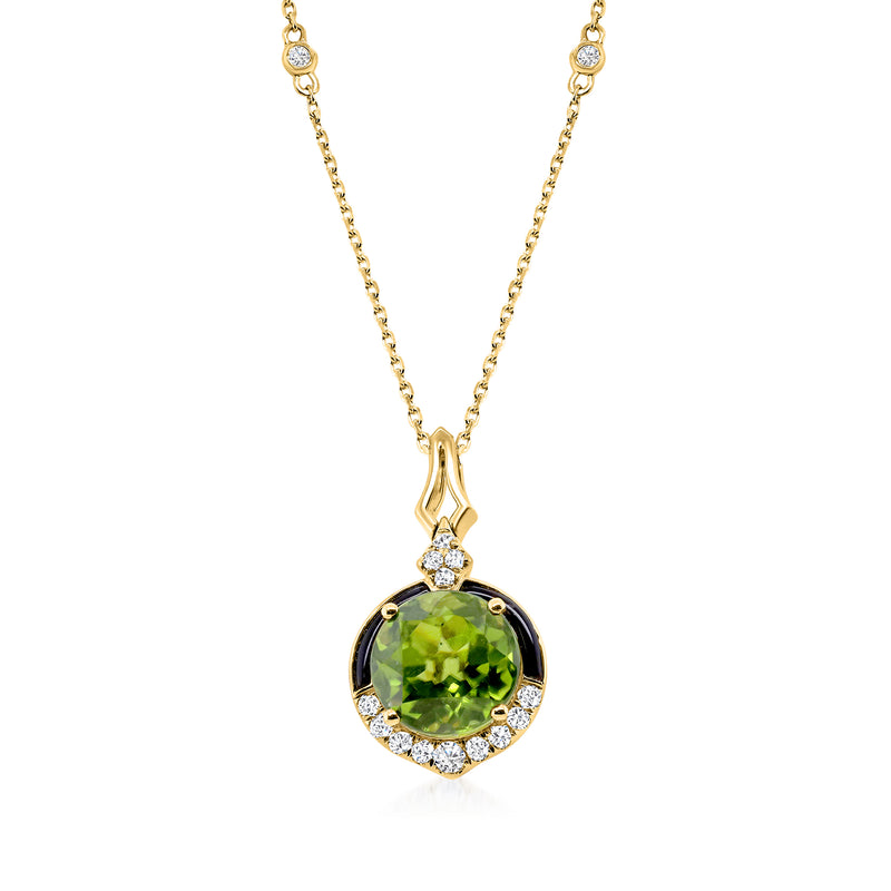 14kt yellow gold pendant necklace with round peridot, onyx, and diamond halo