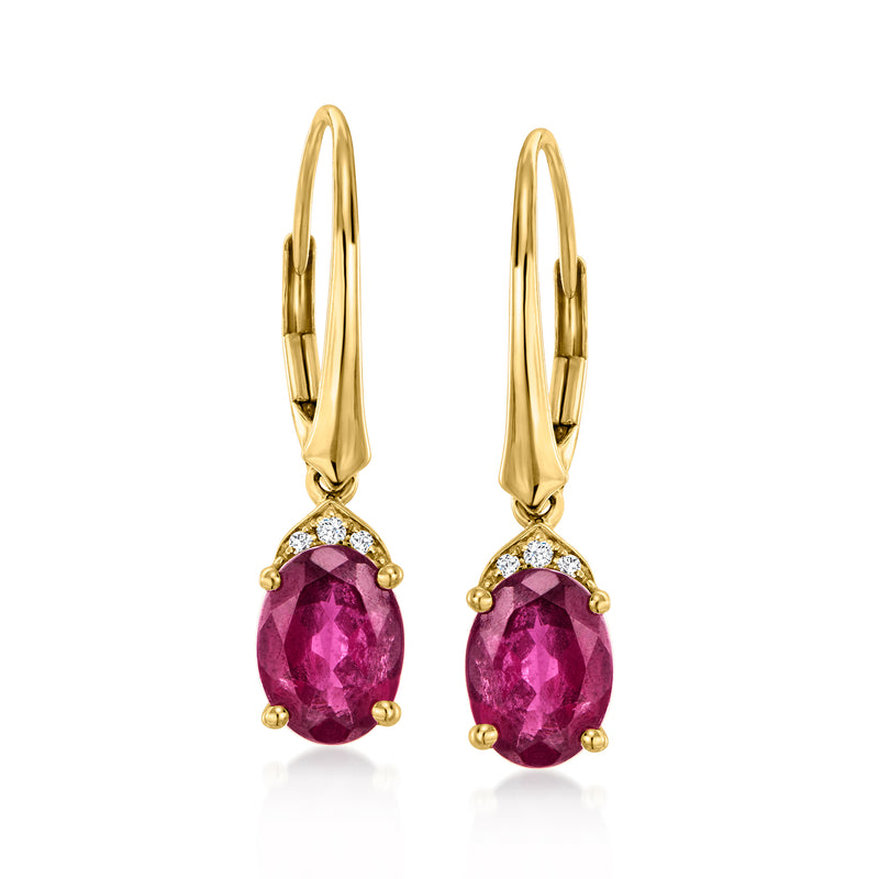 14kt yellow gold leverback drop earrings: oval rhodolite, diamond accents