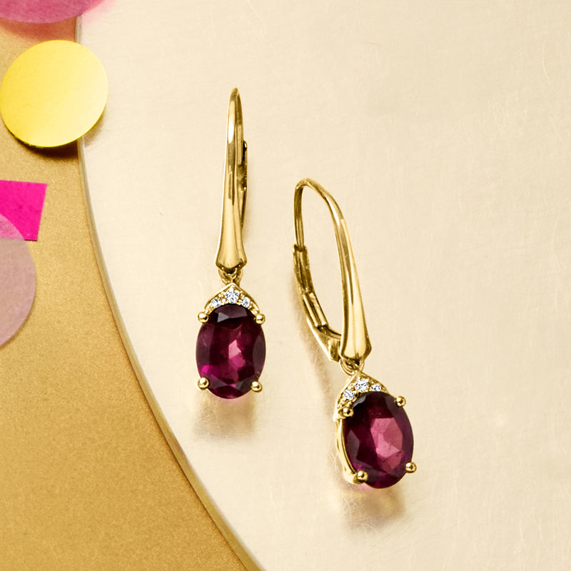 14kt yellow gold leverback earrings with oval rhodolite stones and small diamonds