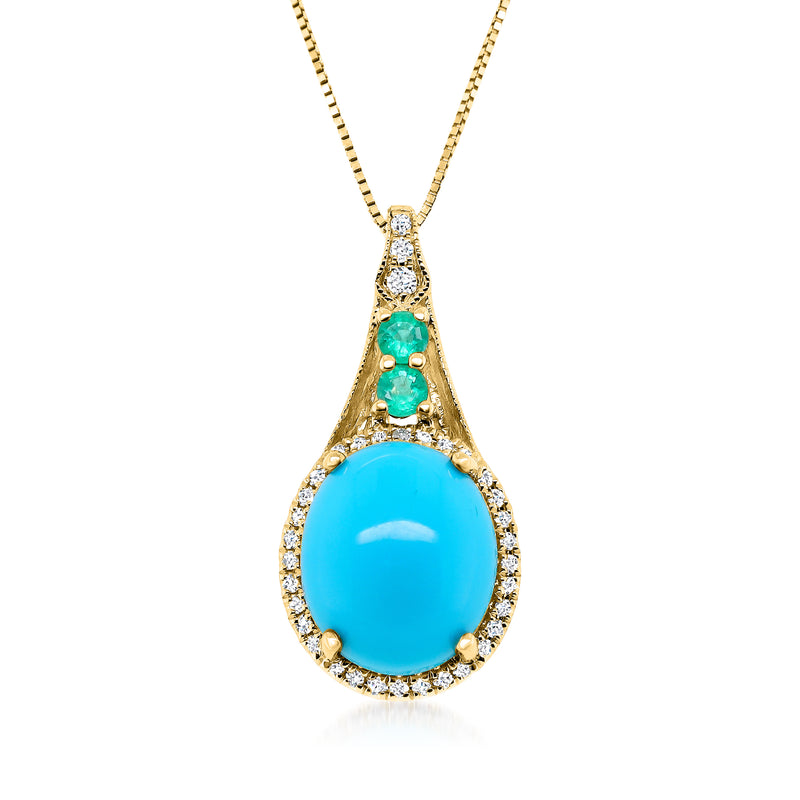 14kt yellow gold pendant necklace with teardrop turquoise stone and diamond halo, emerald accents