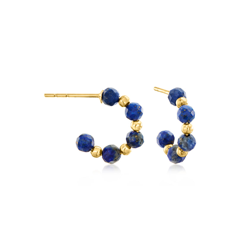 Lapis bead C-hoop earrings in 14kt yellow gold with blue stone beads