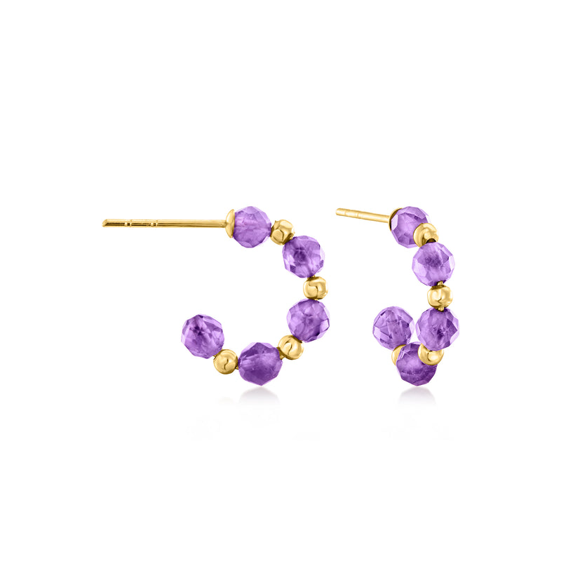 14kt yellow gold C-hoop earrings with purple amethyst bead cluster