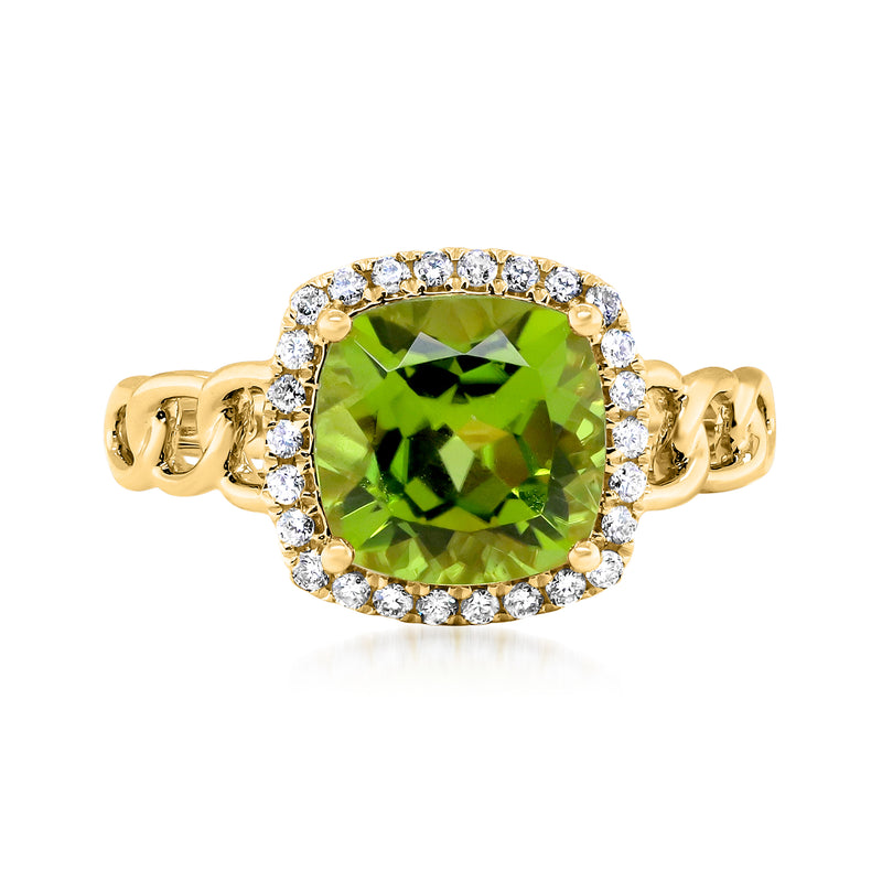 14kt yellow gold curb-link ring with oval green peridot and diamond halo