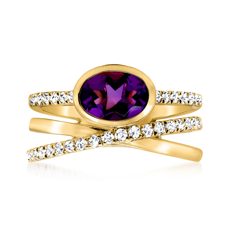 14kt yellow gold amethyst and diamond crossover ring
