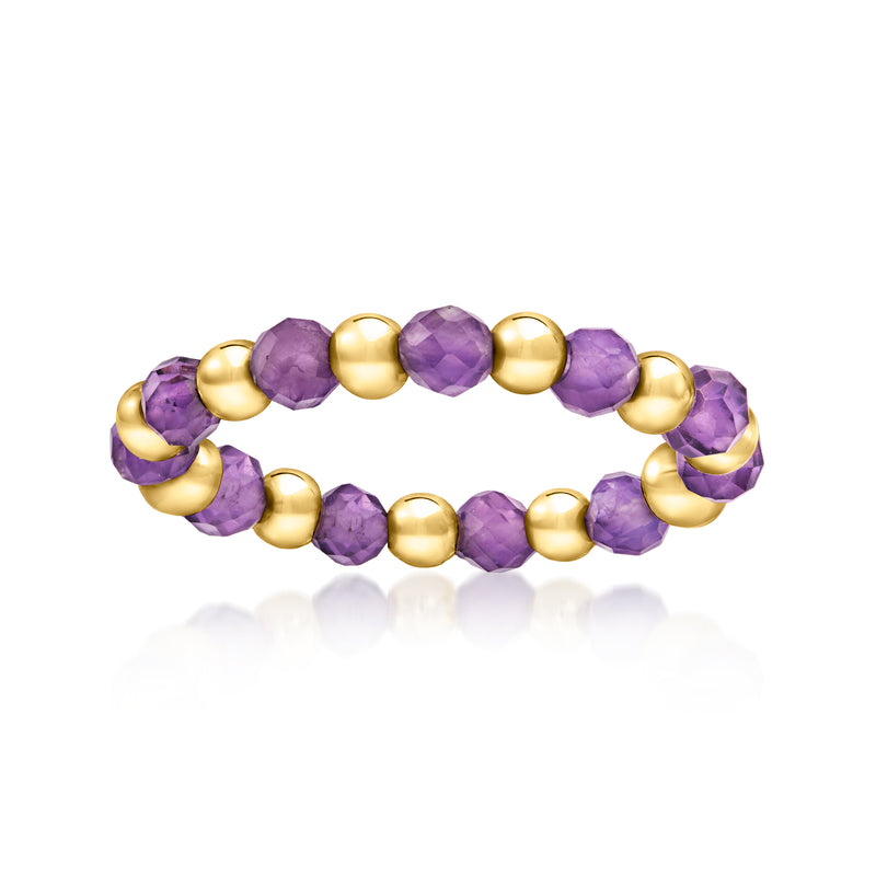 Amethyst bead stretch ring with purple faceted beads and 14kt yellow gold accents
