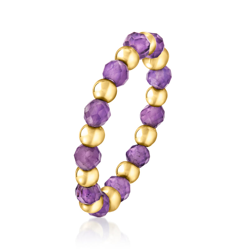 Amethyst bead stretch ring, purple faceted beads with round yellow gold spacers