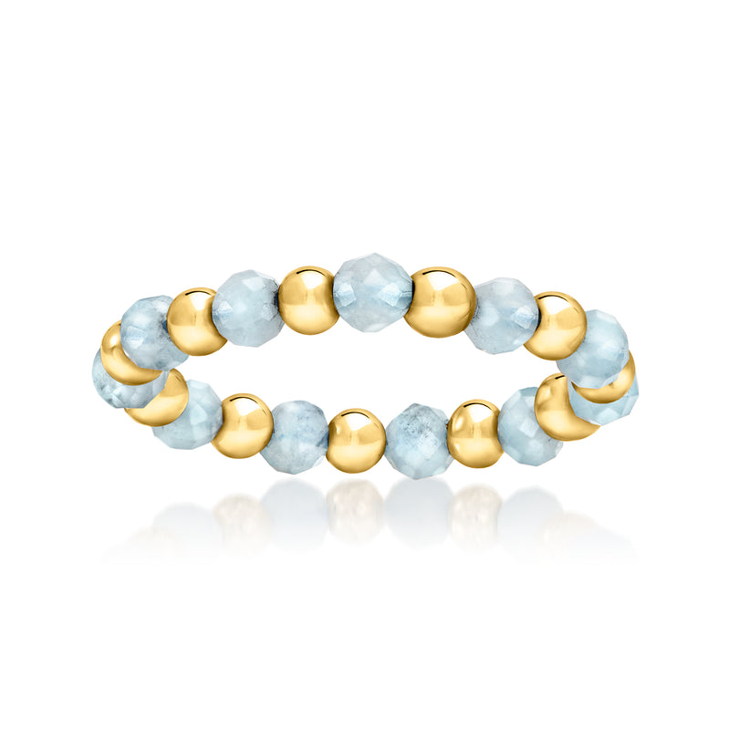 Aquamarine bead stretch ring with 14kt yellow gold round beads