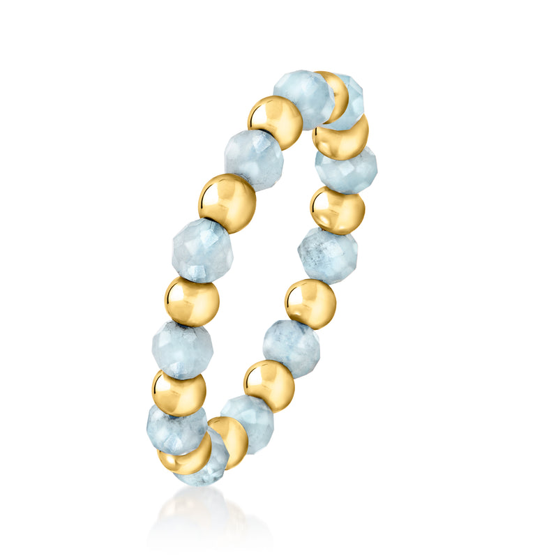 Aquamarine and 14kt yellow gold bead stretch ring, angled view