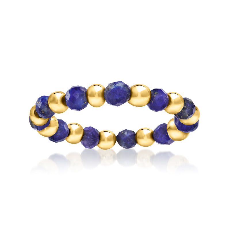 Lapis bead stretch ring with dark blue gemstones and 14kt yellow gold bead accents