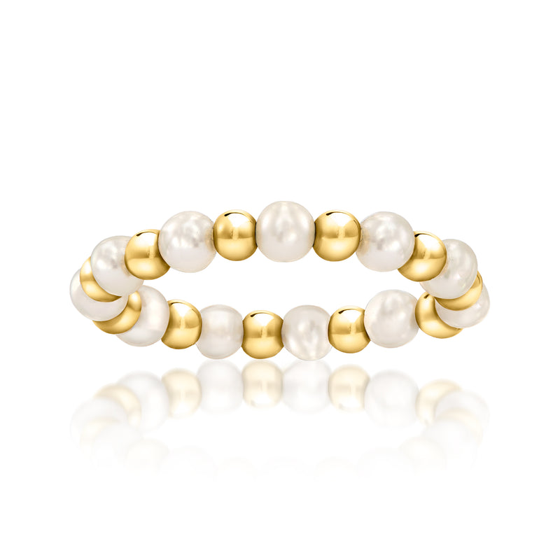 Cultured pearl and 14kt yellow gold bead stretch ring, alternating pearls and gold beads
