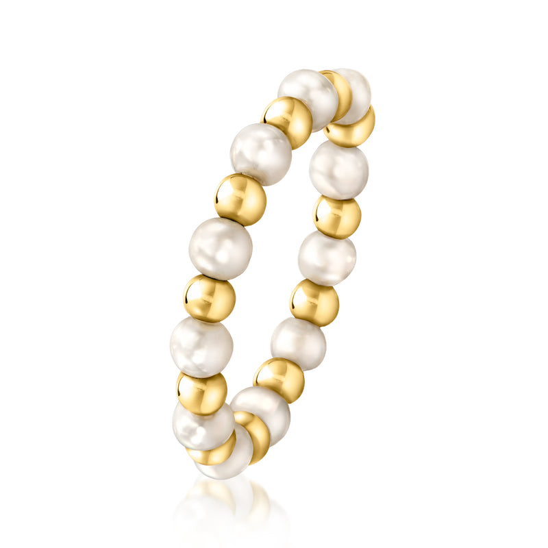 Cultured pearl and 14kt yellow gold bead stretch ring with alternating white pearls and gold beads