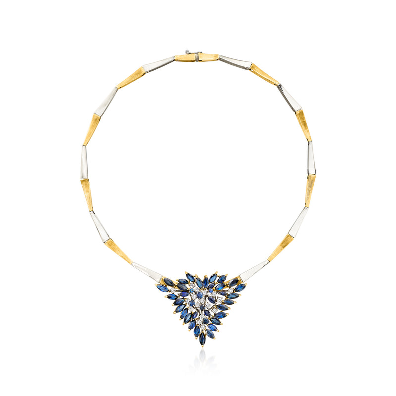 Two-tone gold necklace with marquise link chain and blue sapphire flower cluster pendant