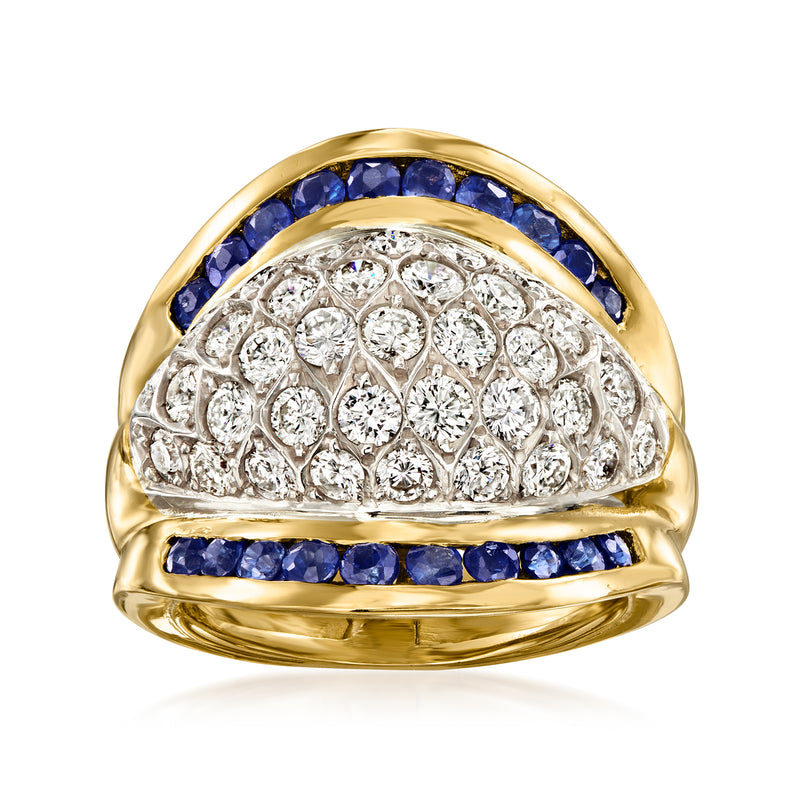 Vintage 18kt yellow gold diamond and sapphire ring with domed pavé setting