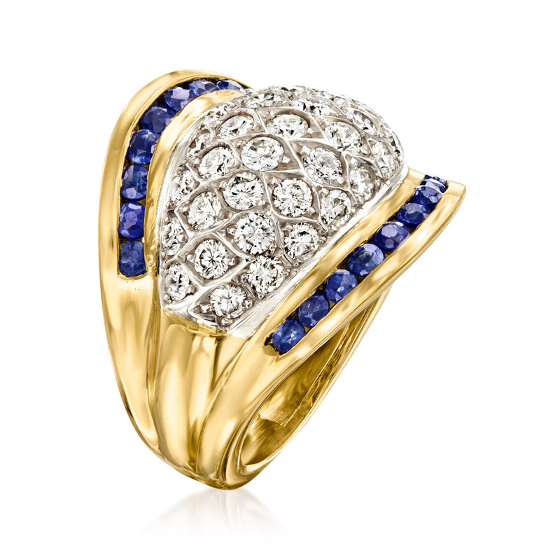 Vintage 18kt yellow gold ring with diamond dome and sapphire side rows