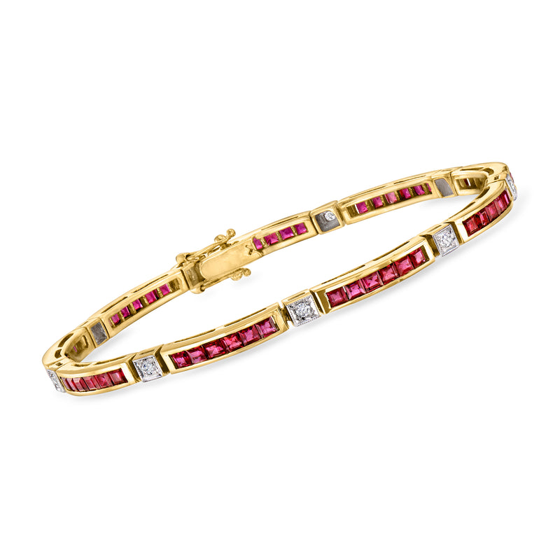 18kt yellow gold link bracelet with pink ruby and clear diamond accents