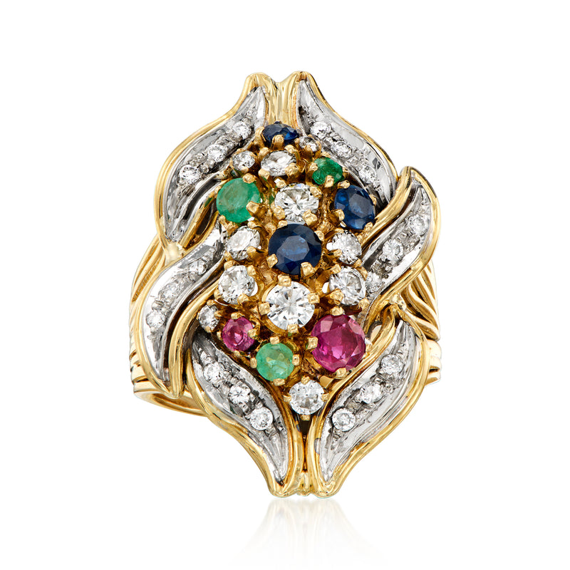 Vintage yellow gold ring with multi-colored gemstones and diamond accents, ornate setting
