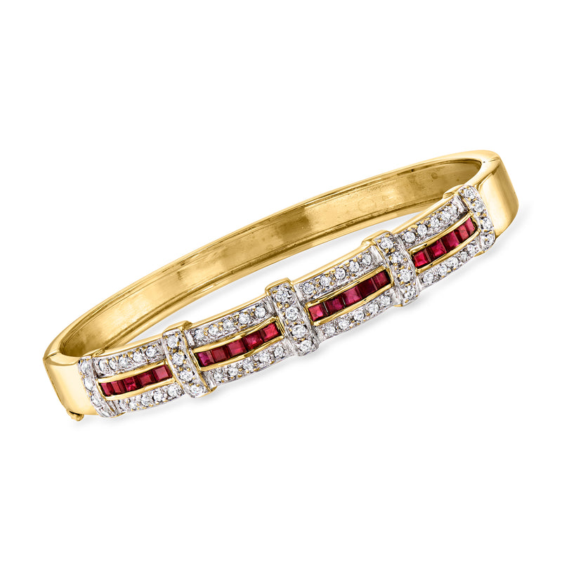 14kt yellow gold scalloped bangle bracelet with ruby and diamond checker accents