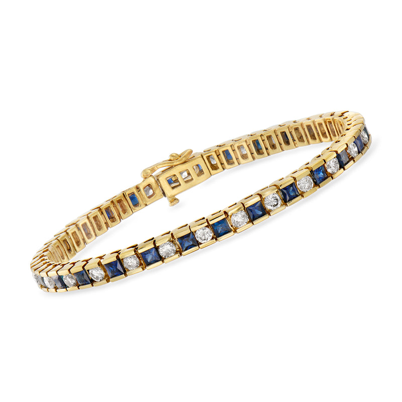 14kt yellow gold bracelet with blue sapphire and white diamond rectangular links