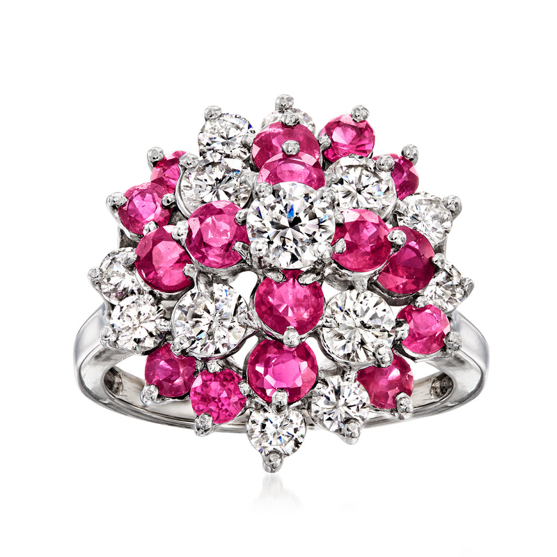 Vintage swirl ring in white gold with pink rubies and clear diamonds, cluster setting