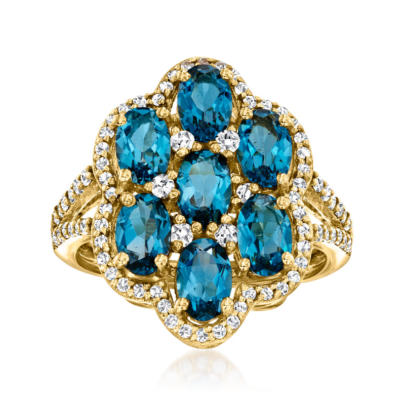 18kt gold over sterling ring with oval London blue topaz and white zircon accents