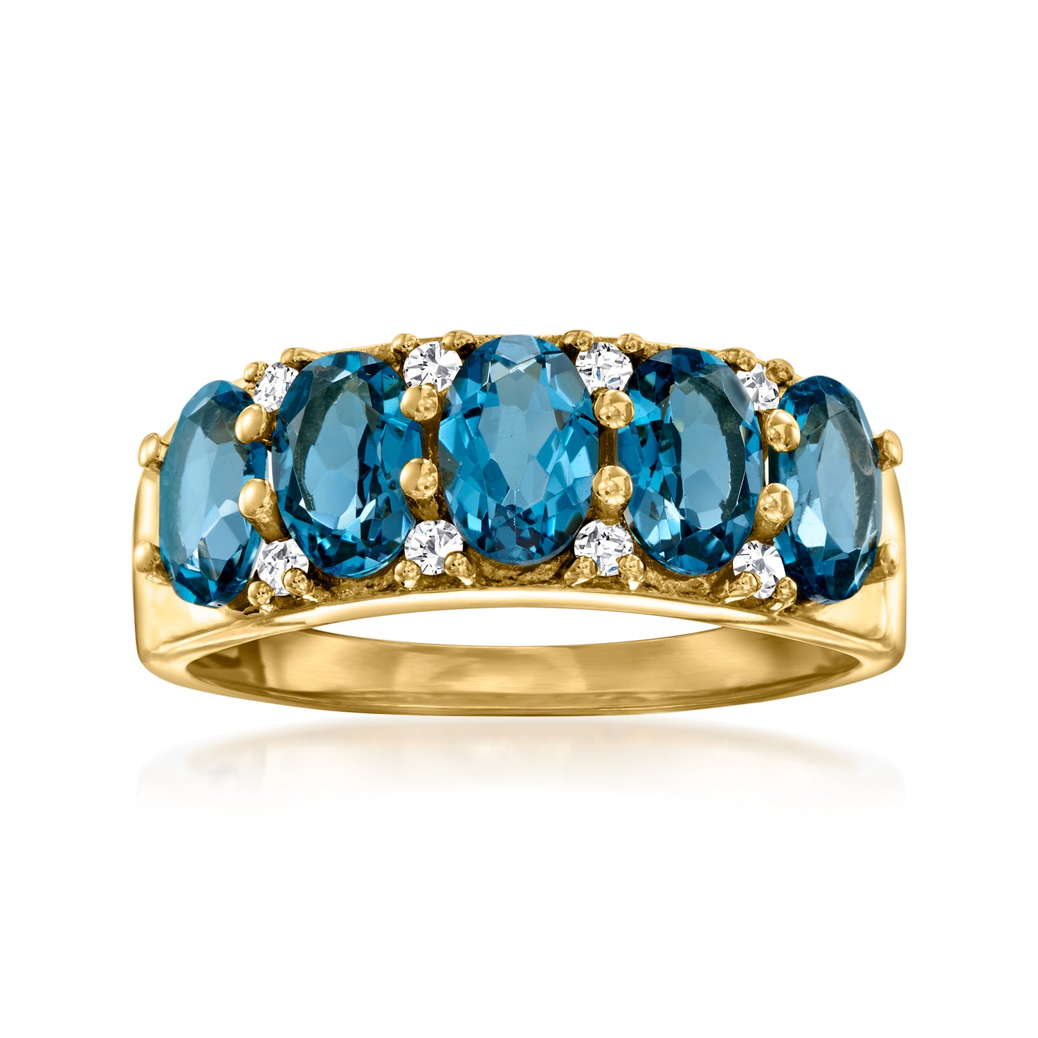 2.90 ct. t.w. London Blue Topaz Five-Stone Ring with .30 ct. t.w. White Zircon in 18kt Gold Over Sterling