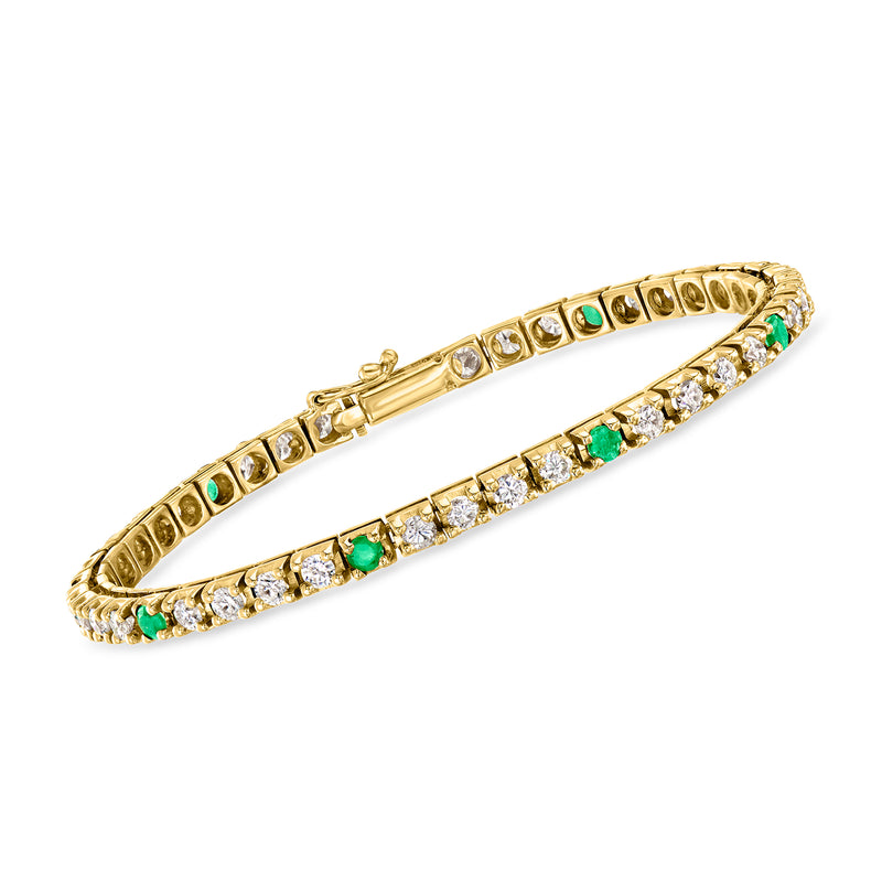 14kt yellow gold diamond and emerald tennis bracelet with hinged clasp
