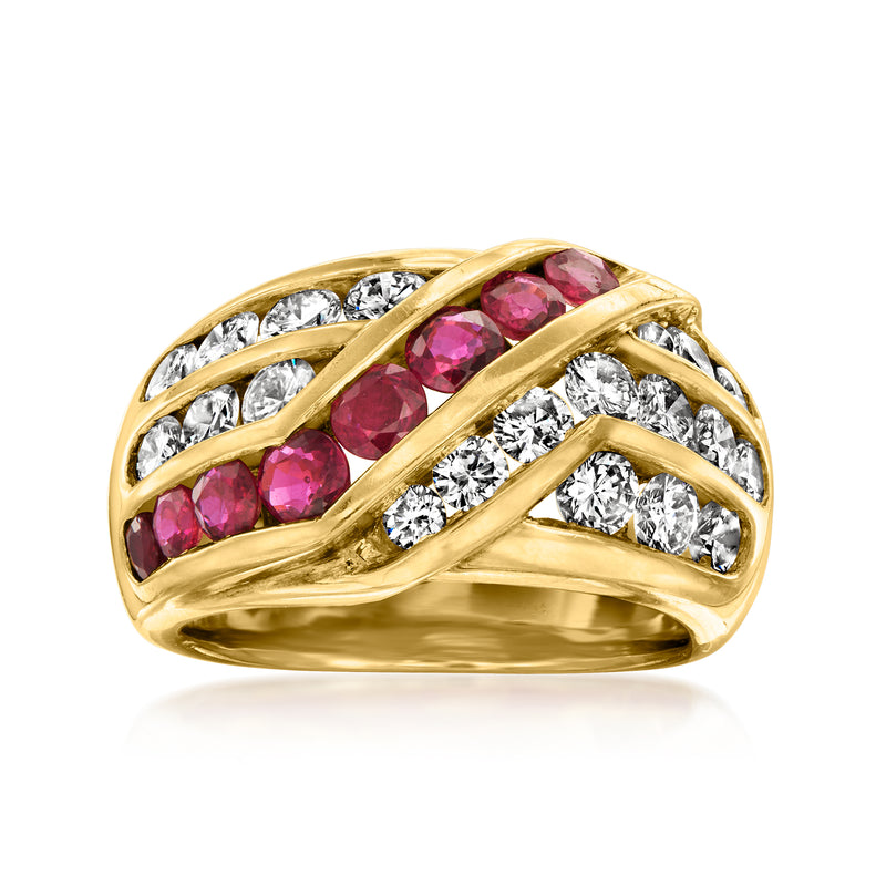 18kt yellow gold ruby and diamond cluster ring with curved rows and scalloped bezels