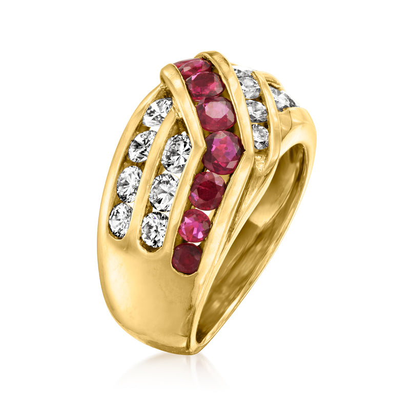 18kt yellow gold ruby and diamond ring with tall oval ruby centerpiece and side stones