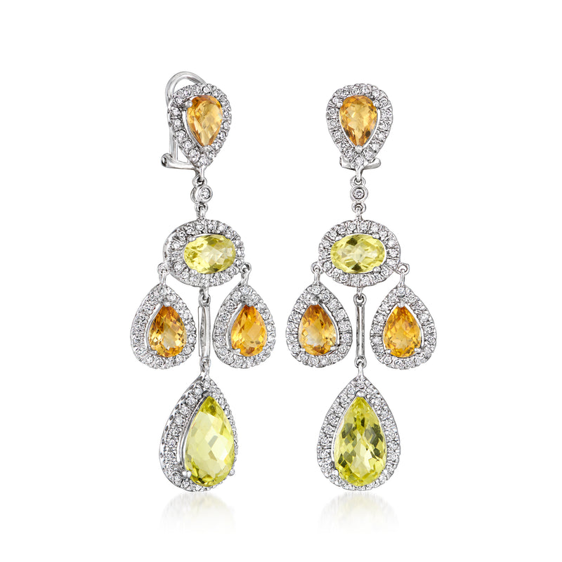 Chandelier earrings with lime and orange gemstones and diamond accents in white gold