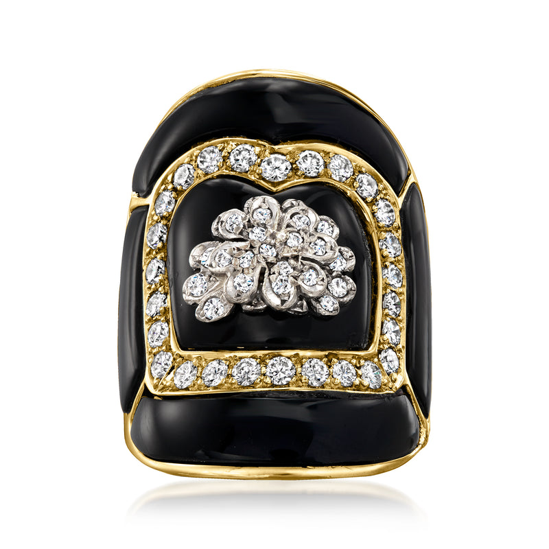 Vintage onyx and diamond floral ring, black cabochon with yellow-gold diamond halo