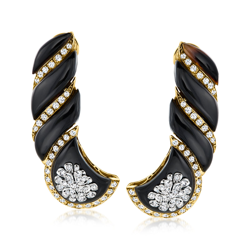 Curved onyx flower drop earrings in 18kt yellow gold with diamond accents