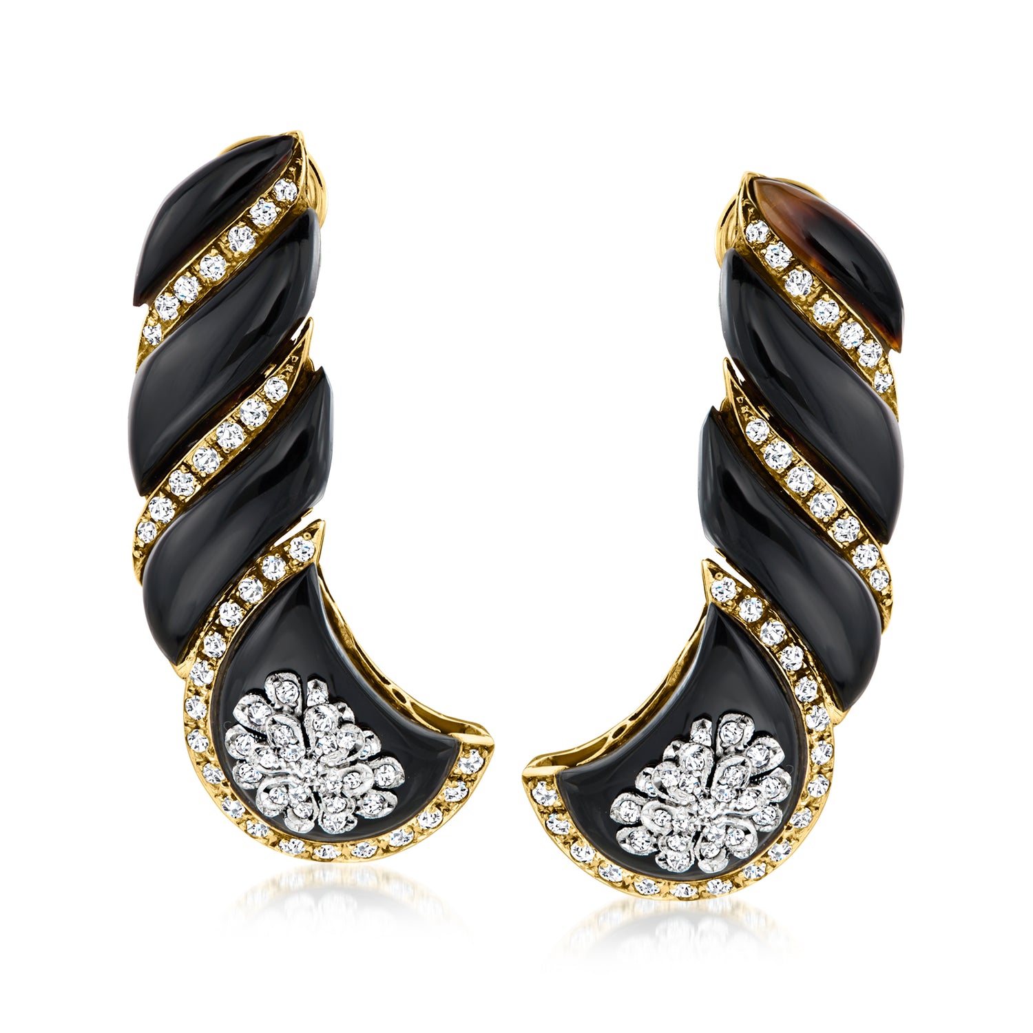 C. 1980 Vintage Onyx and .24 ct. t.w. Diamond Flower Drop Earrings in 18kt Yellow Gold