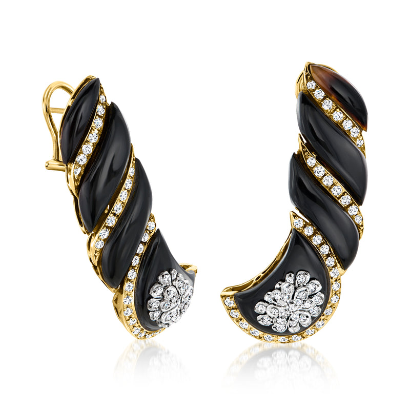 Curved onyx drop earrings in 18kt yellow gold with diamond rows and clip/post back