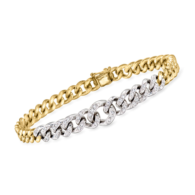 Two-tone gold curb-link bracelet with graduated diamond-studded center links