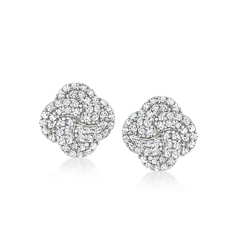 Sterling silver love knot diamond stud earrings with round stones, post backs