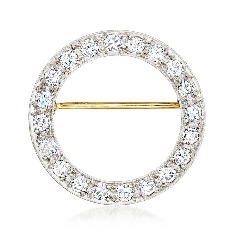 Diamond circle pin with round stones in platinum setting and yellow gold bar clasp