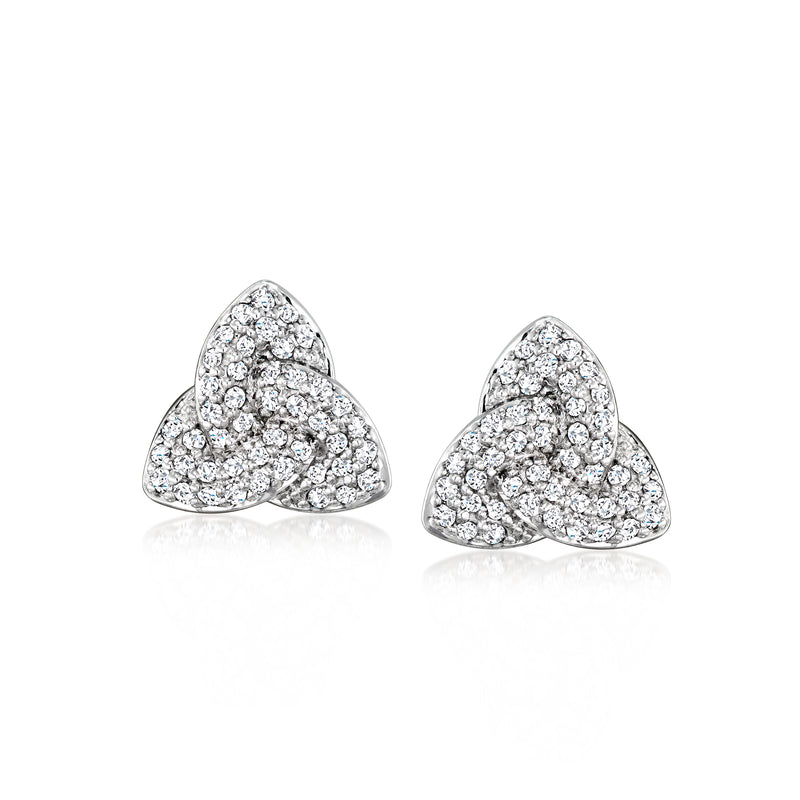 Sterling silver trinity knot diamond stud earrings, triangular pave design
