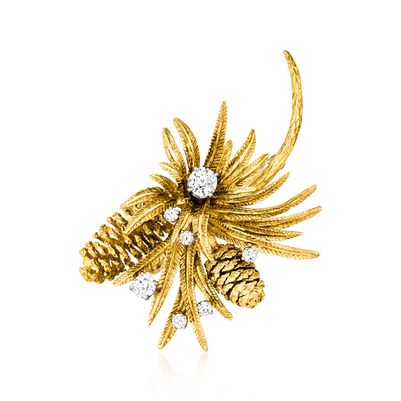 Yellow gold pinecone pin with round diamond accents
