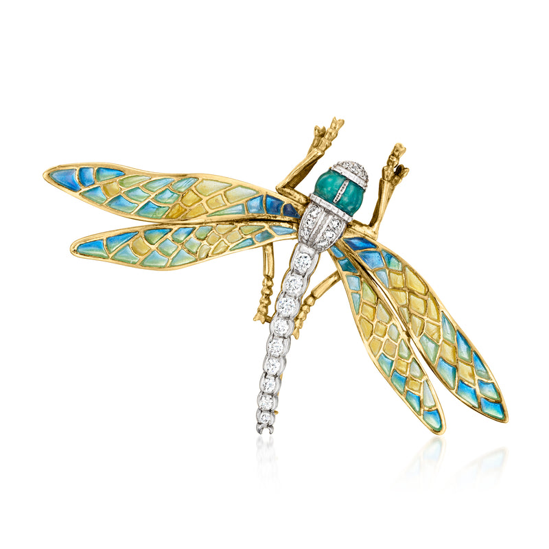 Vintage two-tone gold dragonfly pin with diamond body and blue teal enamel wings
