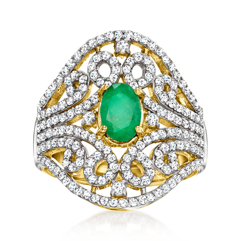 Green oval gemstone ring with white zircon halo, gold filigree setting