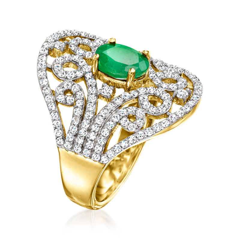 18kt gold over sterling ring with oval green emerald and white zircon filigree