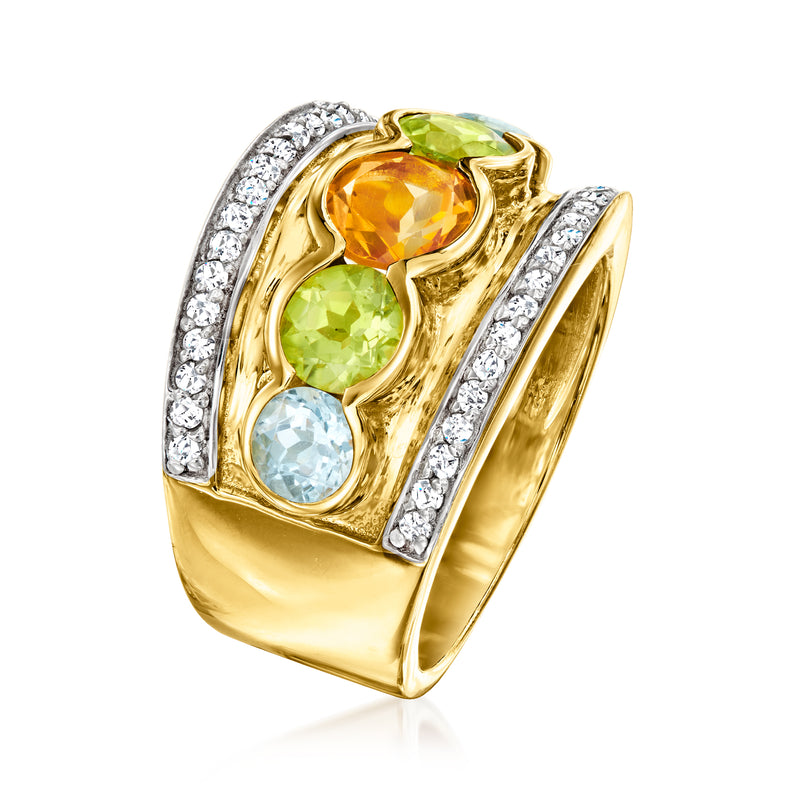 Gold-tone gemstone ring with orange, green, and light blue stones and white zircon accents