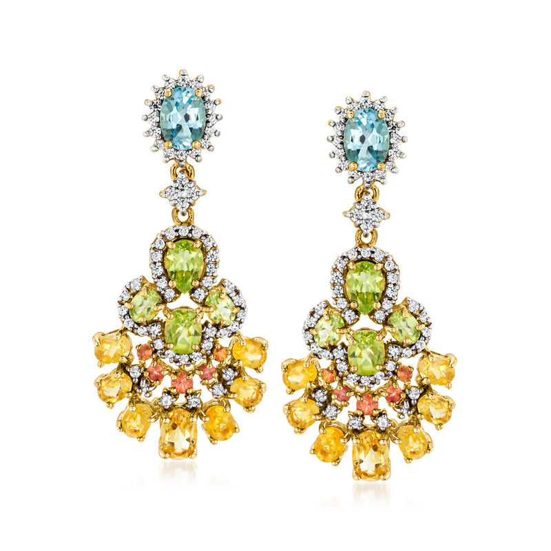 Gold drop chandelier earrings with blue, green, yellow and red gemstones and clear accents